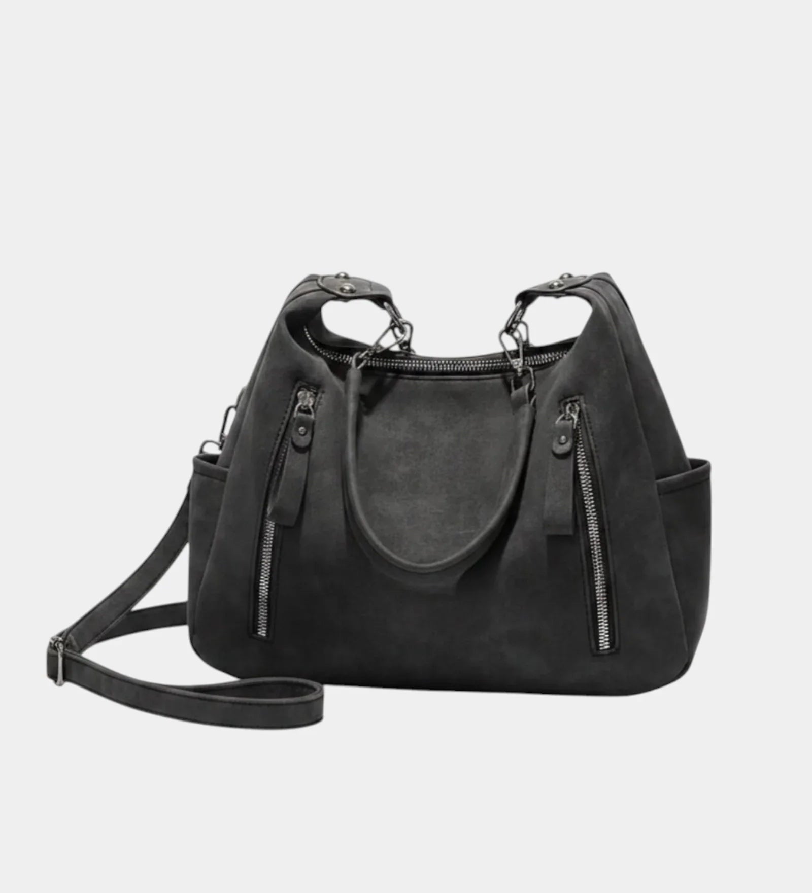 Textured black shoulder bag with curved front and two zip side pockets