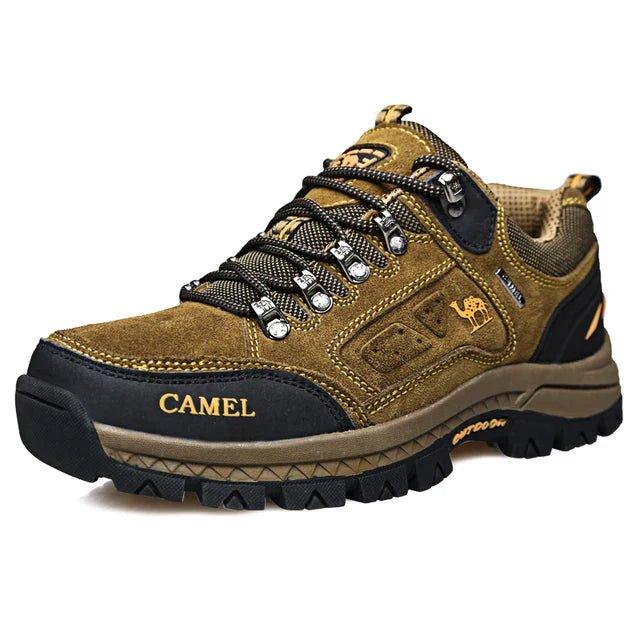 Brown suede CAMEL mountain boots with black accents, lace-up, textured traction sole