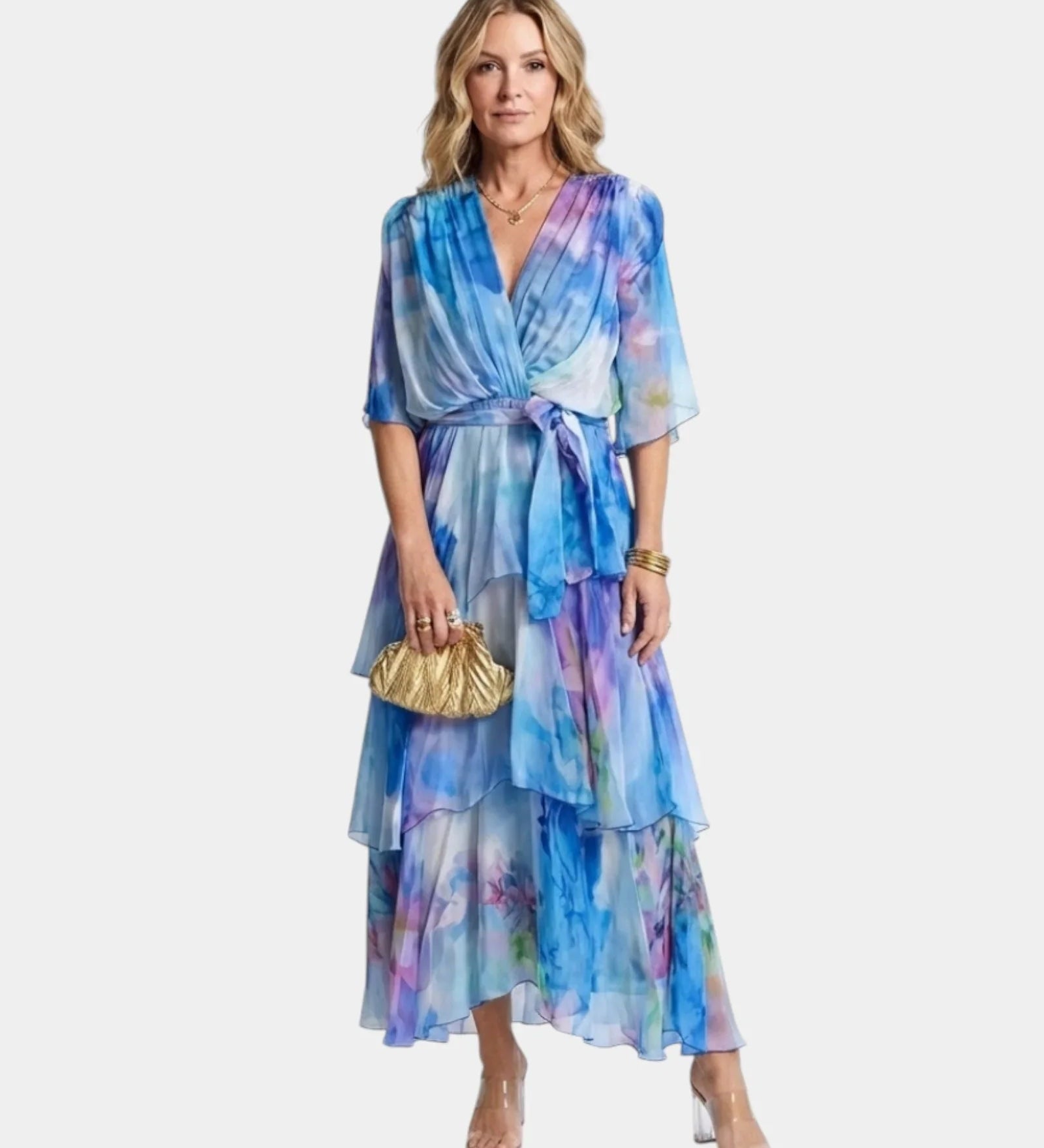 Blue tie-belt wrap dress with V-neck and layered tiered ruffles
