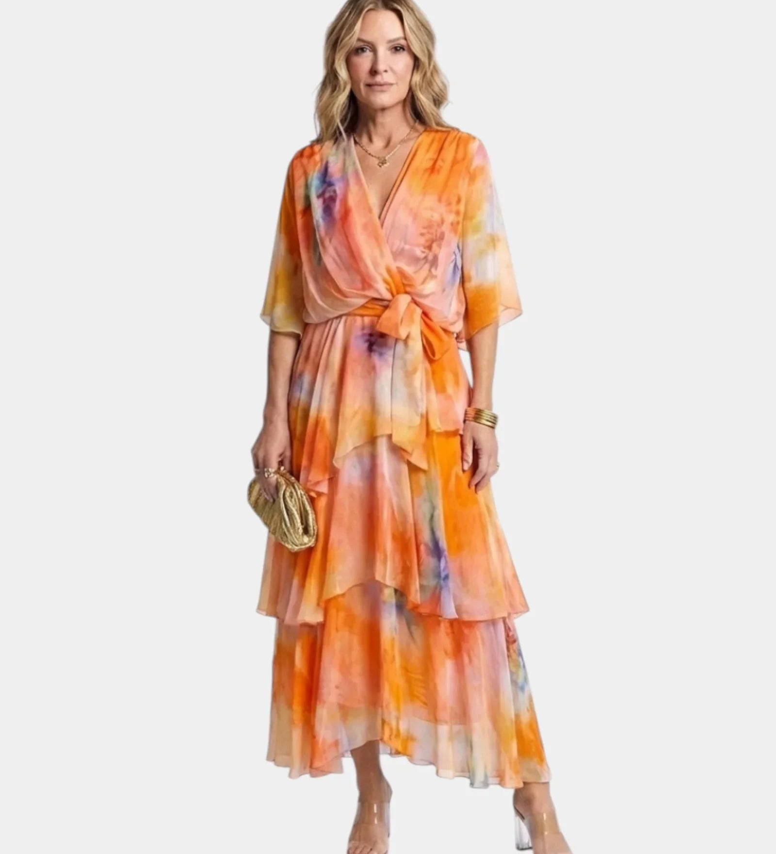 Orange V-neck wrap midi dress with tie belt and layered ruffle tiers