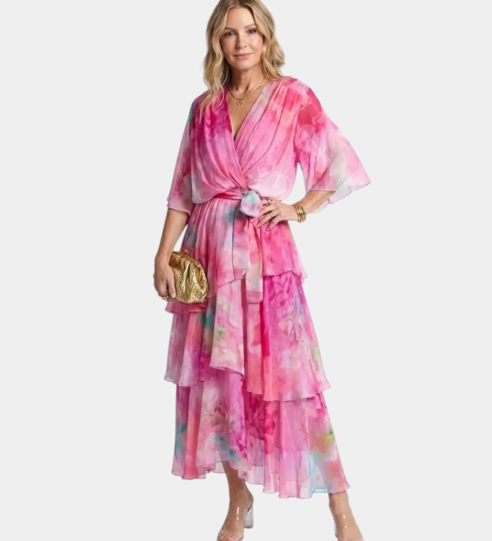 Pink tie-belt wrap dress with V-neck and layered tiered ruffles