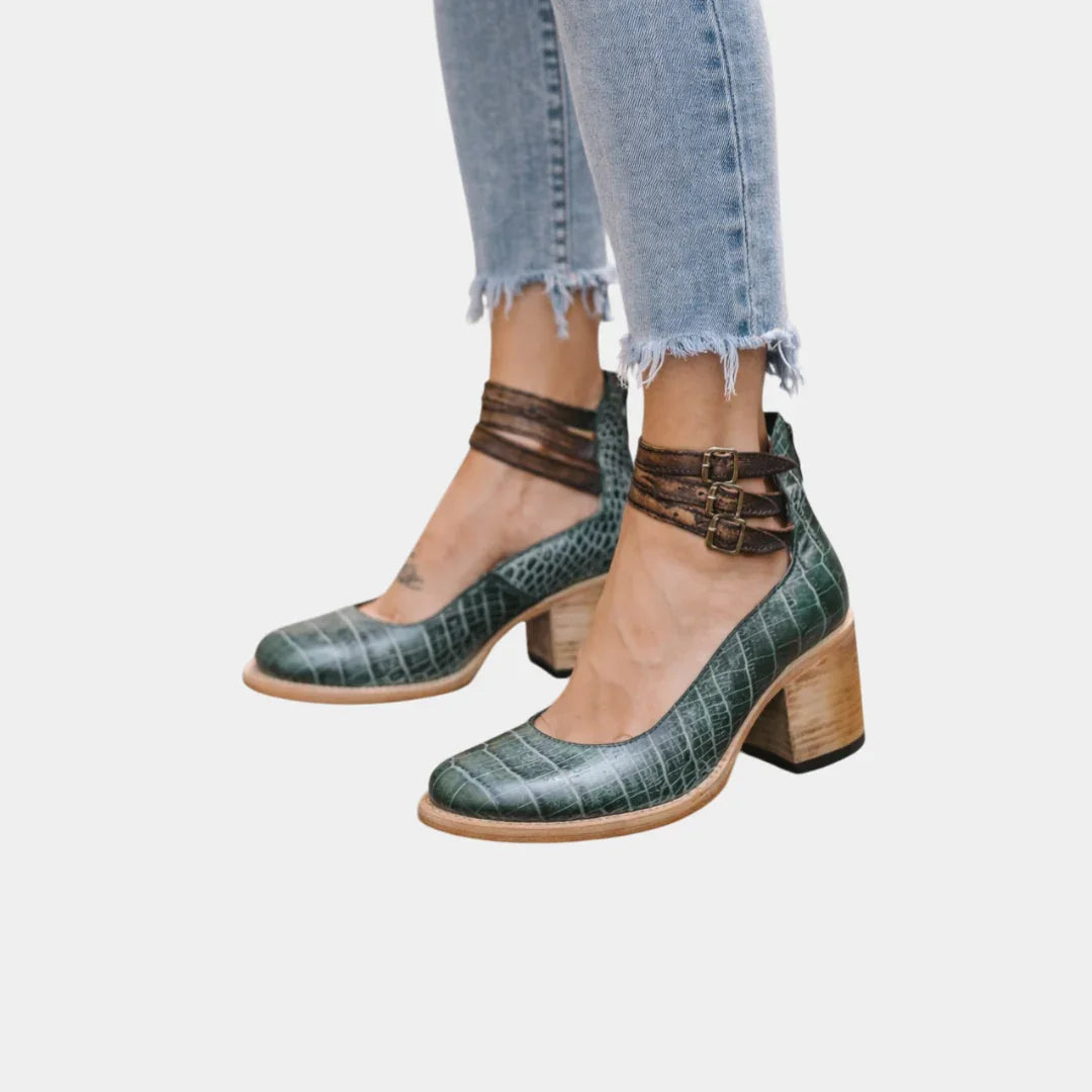 Green snake-print ankle-strap block heel shoes with buckle, chunky wooden-look heel