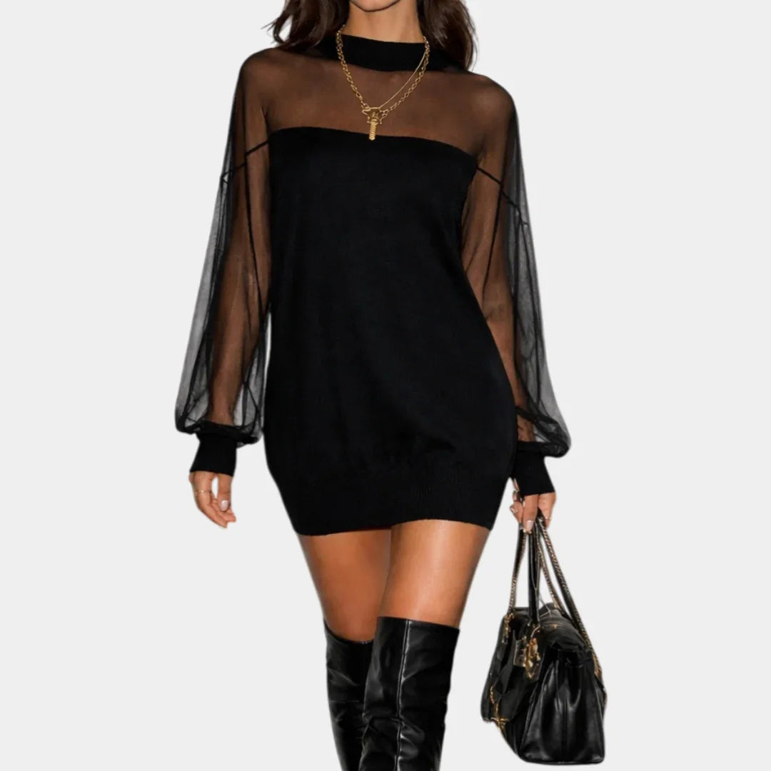 Black mini dress with sheer long sleeves and fitted bodice
