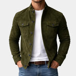 Green suede jacket with button front and two chest flap pockets