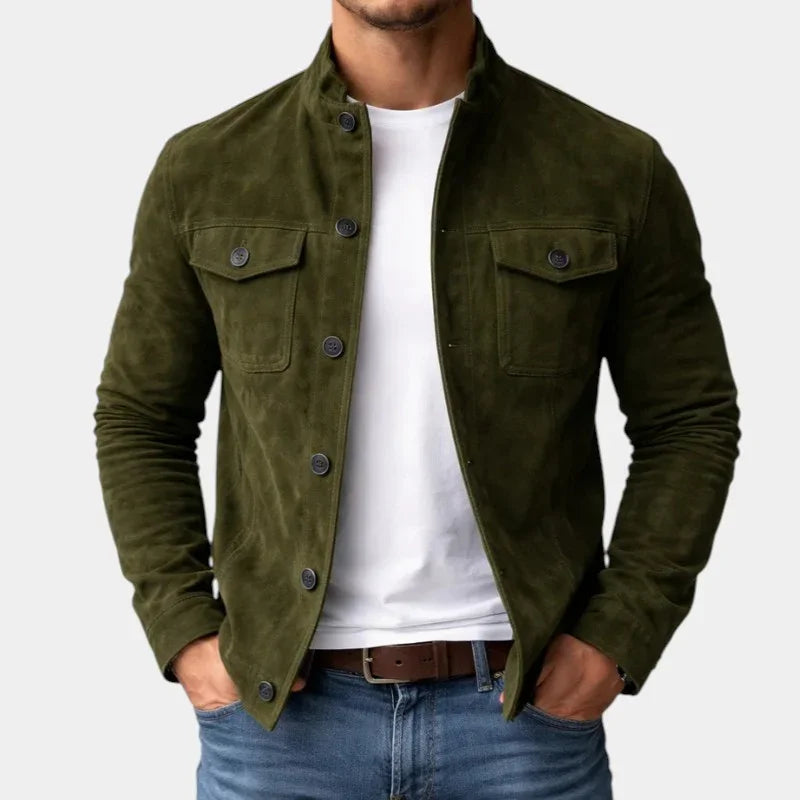 Green suede jacket with button front and two chest flap pockets