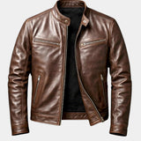 Brown vintage leather-effect jacket with zip front and four pocket details