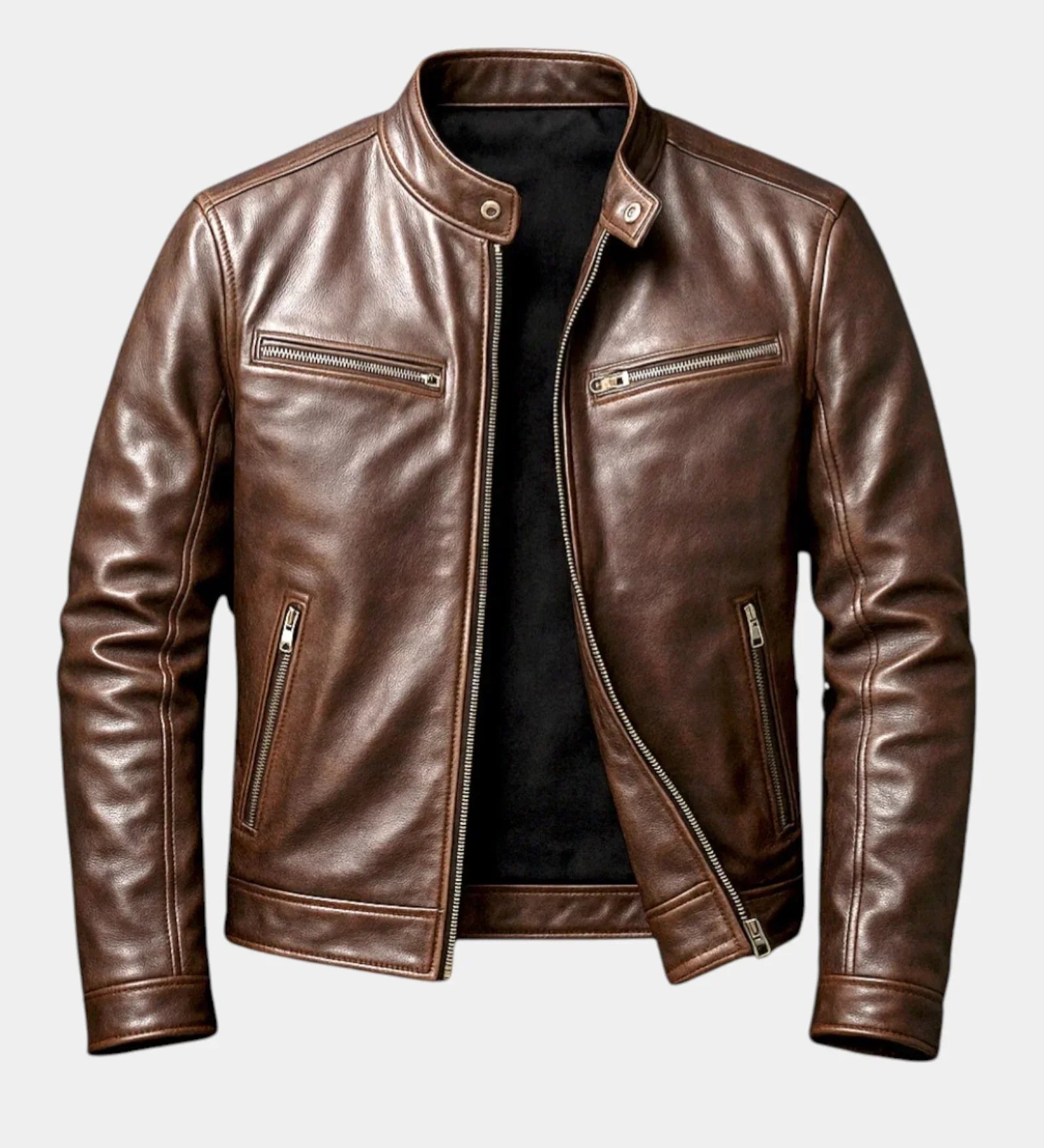 Brown vintage leather-effect jacket with zip front and four pocket details