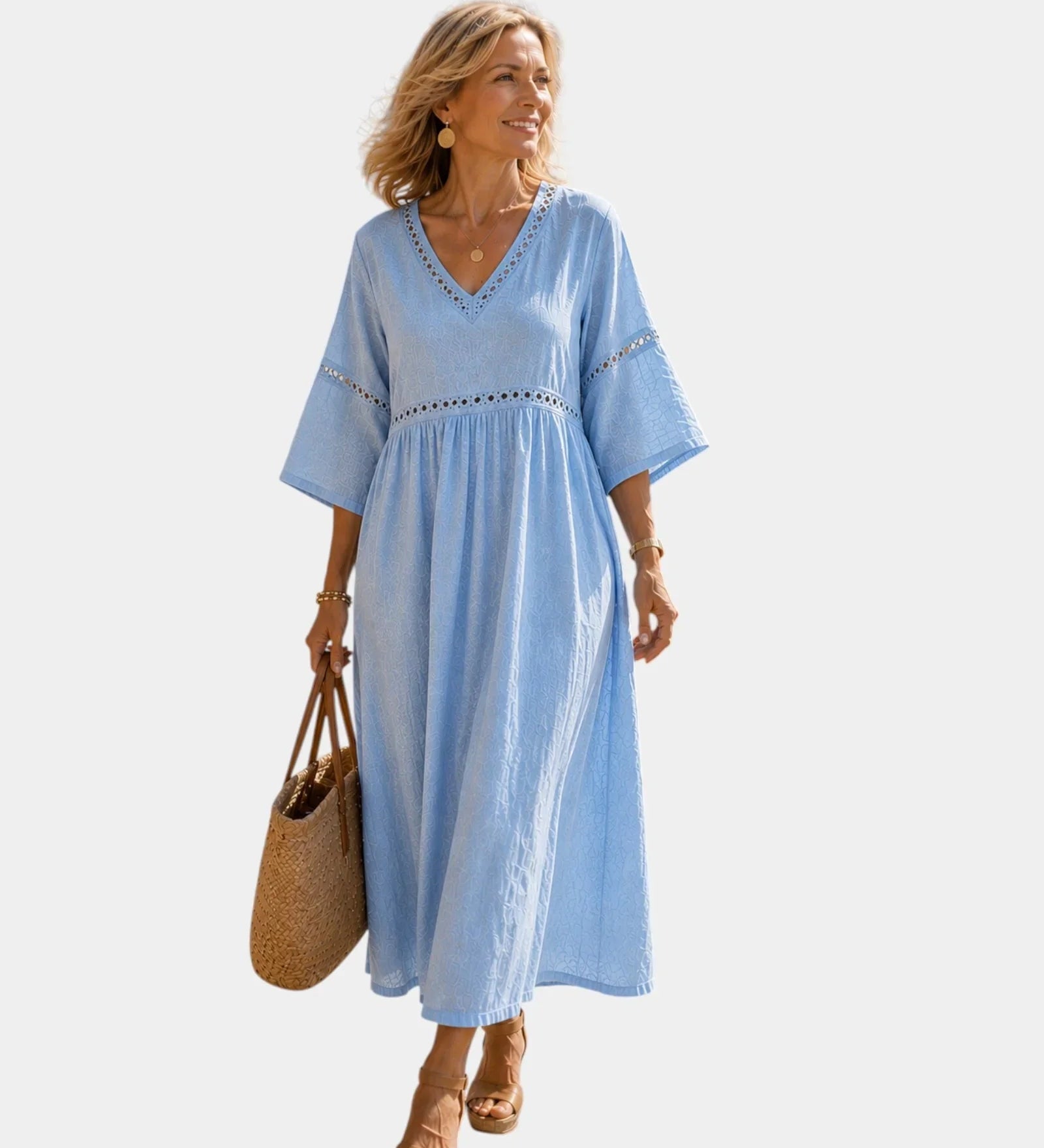 Light blue midi dress with V-neck, short sleeves, embroidered trim, gathered waist