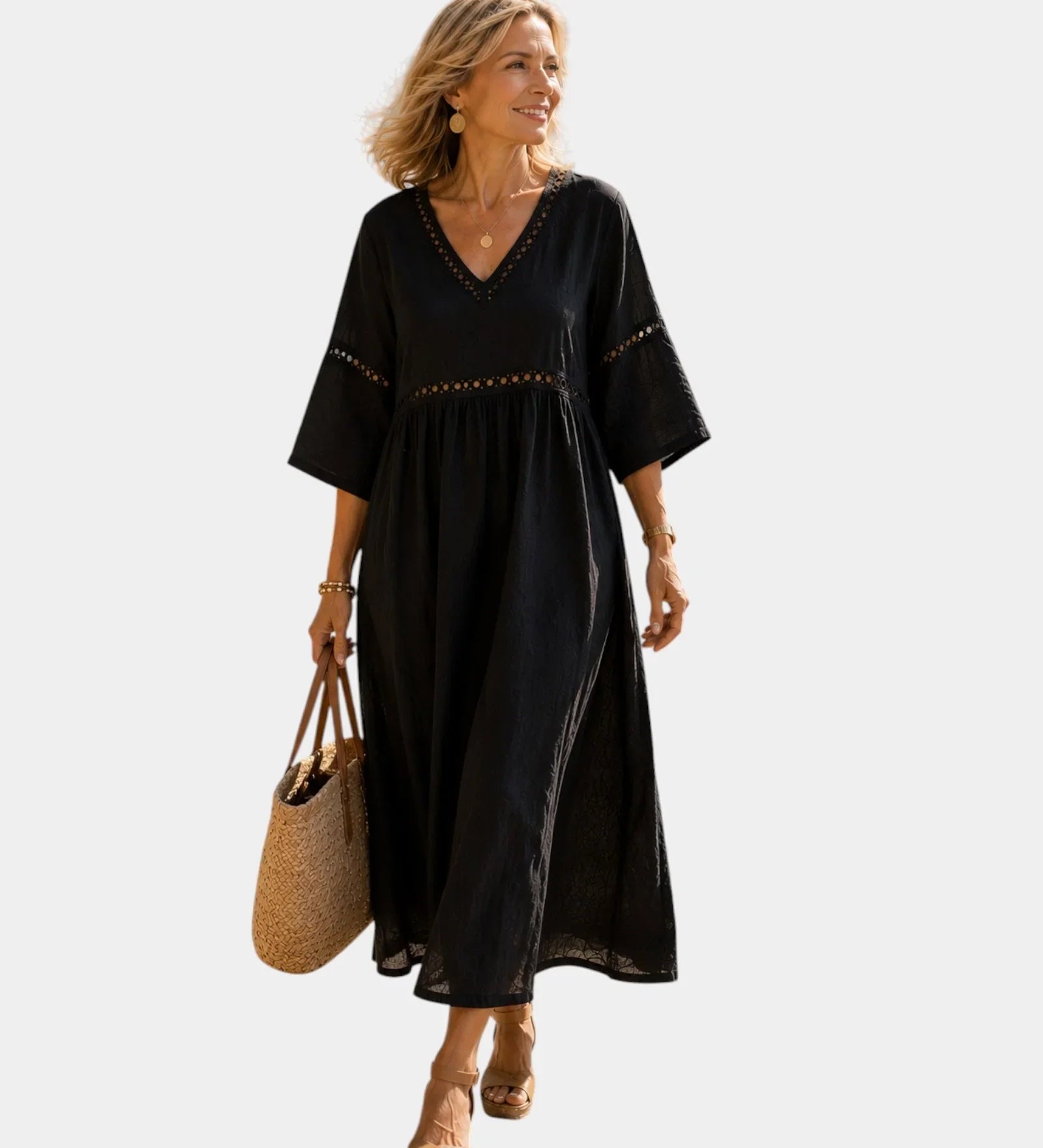 Black midi dress with V-neck, short sleeves, embroidered border, gathered waist
