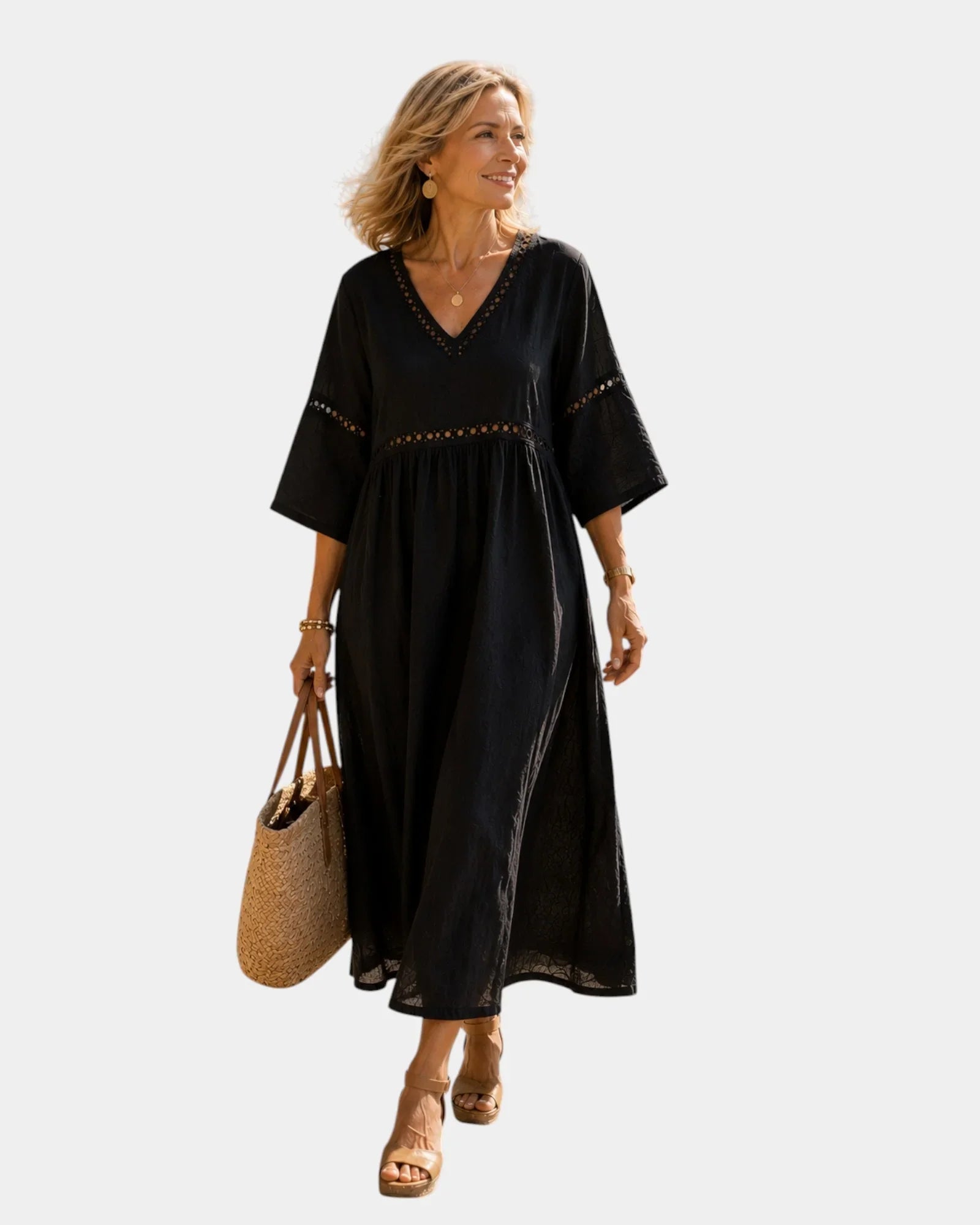 Black midi dress with V-neck, short sleeves, embroidered border, gathered waist