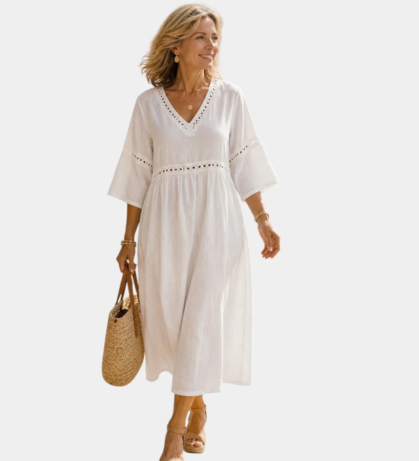 White midi dress with V-neck, short sleeves, embroidered trim, gathered waist