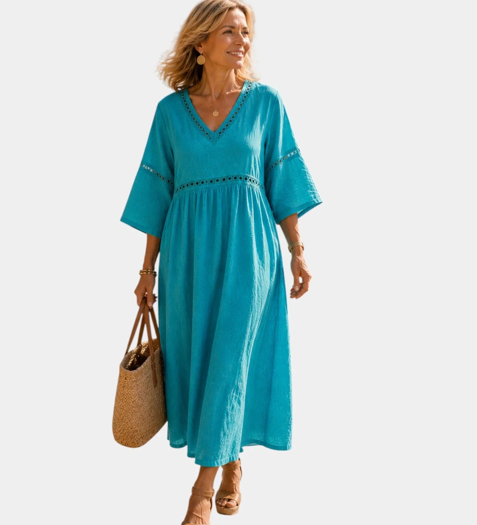 Teal midi dress with V-neck, short sleeves, embroidered trim, gathered waist