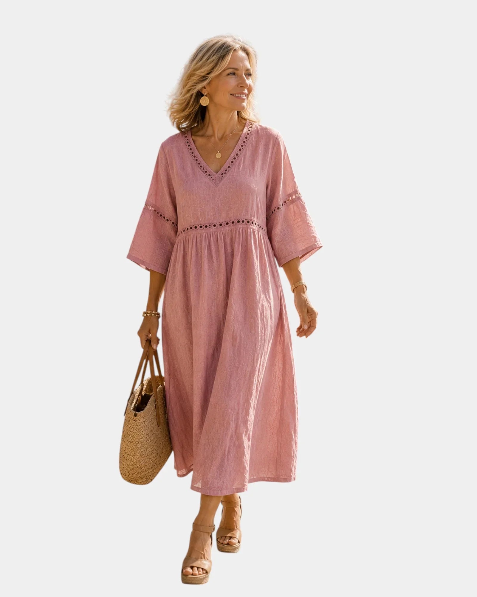 Blush pink midi dress with V-neck, short sleeves, embroidered yoke, gathered waist