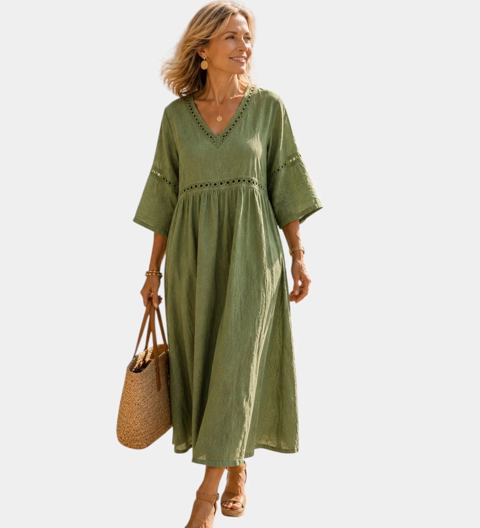 Olive green midi dress with V-neck, short sleeves, embroidered trim, gathered waist