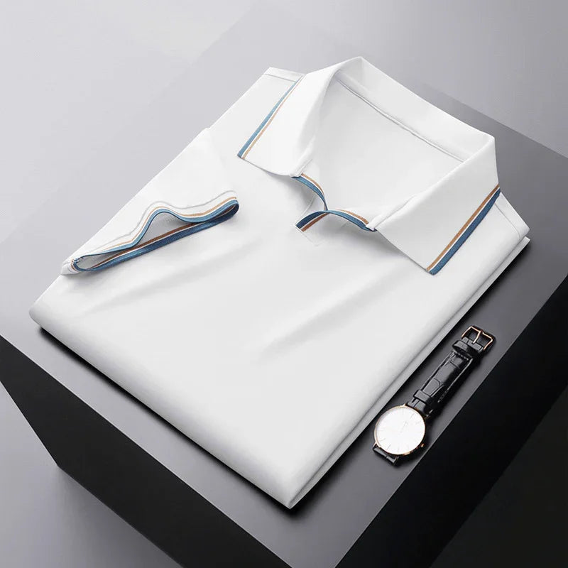 White soft silk polo shirt with contrast striped collar and sleeve cuffs