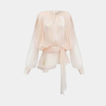 Monique Delicate Radiance ivory mini dress back, sheer long sleeves, waist drape