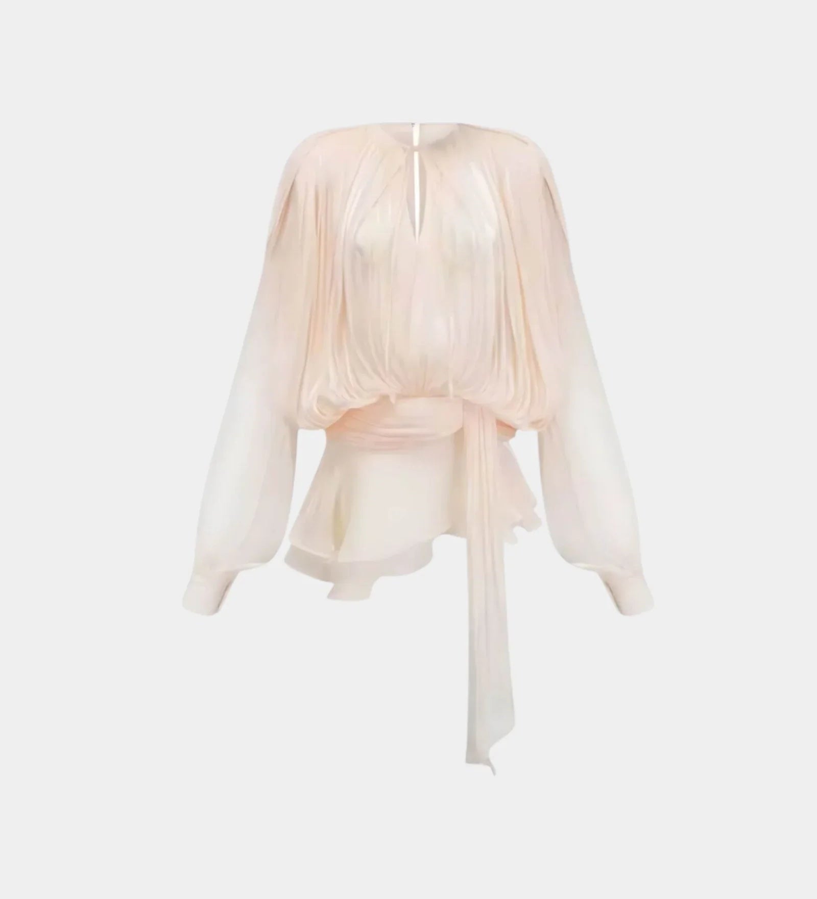 Monique Delicate Radiance ivory mini dress back, sheer long sleeves, waist drape