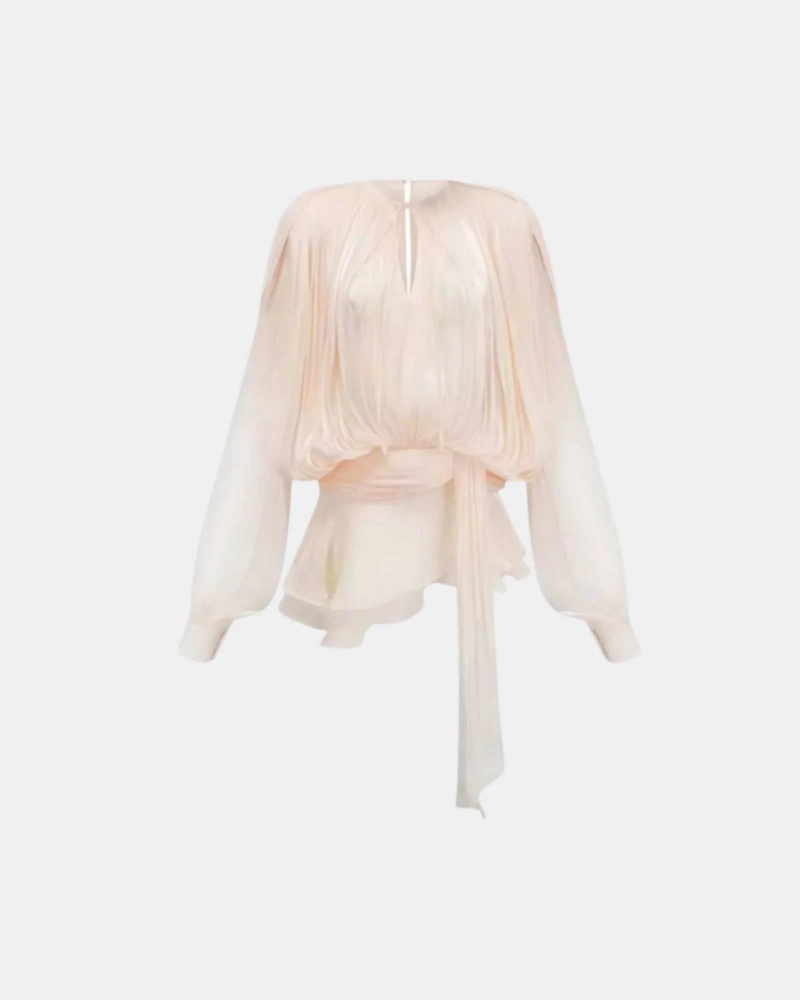 Monique Delicate Radiance ivory mini dress back, sheer long sleeves, waist drape