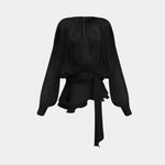 Monique Delicate Radiance black mini dress, sheer puff sleeves, waist tie