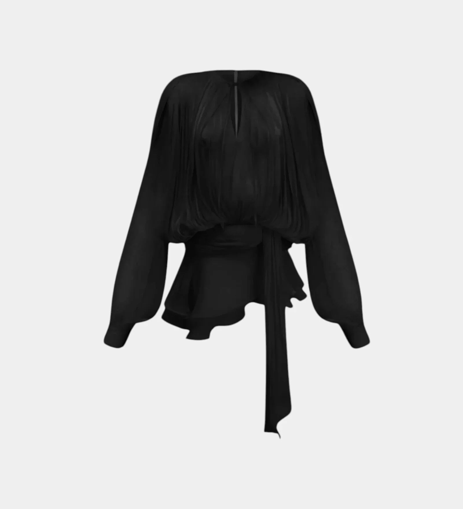 Monique Delicate Radiance black mini dress, sheer puff sleeves, waist tie