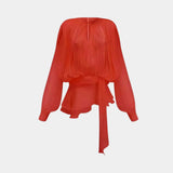 Monique Delicate Radiance red mini dress, sheer long sleeves, draped waist tie