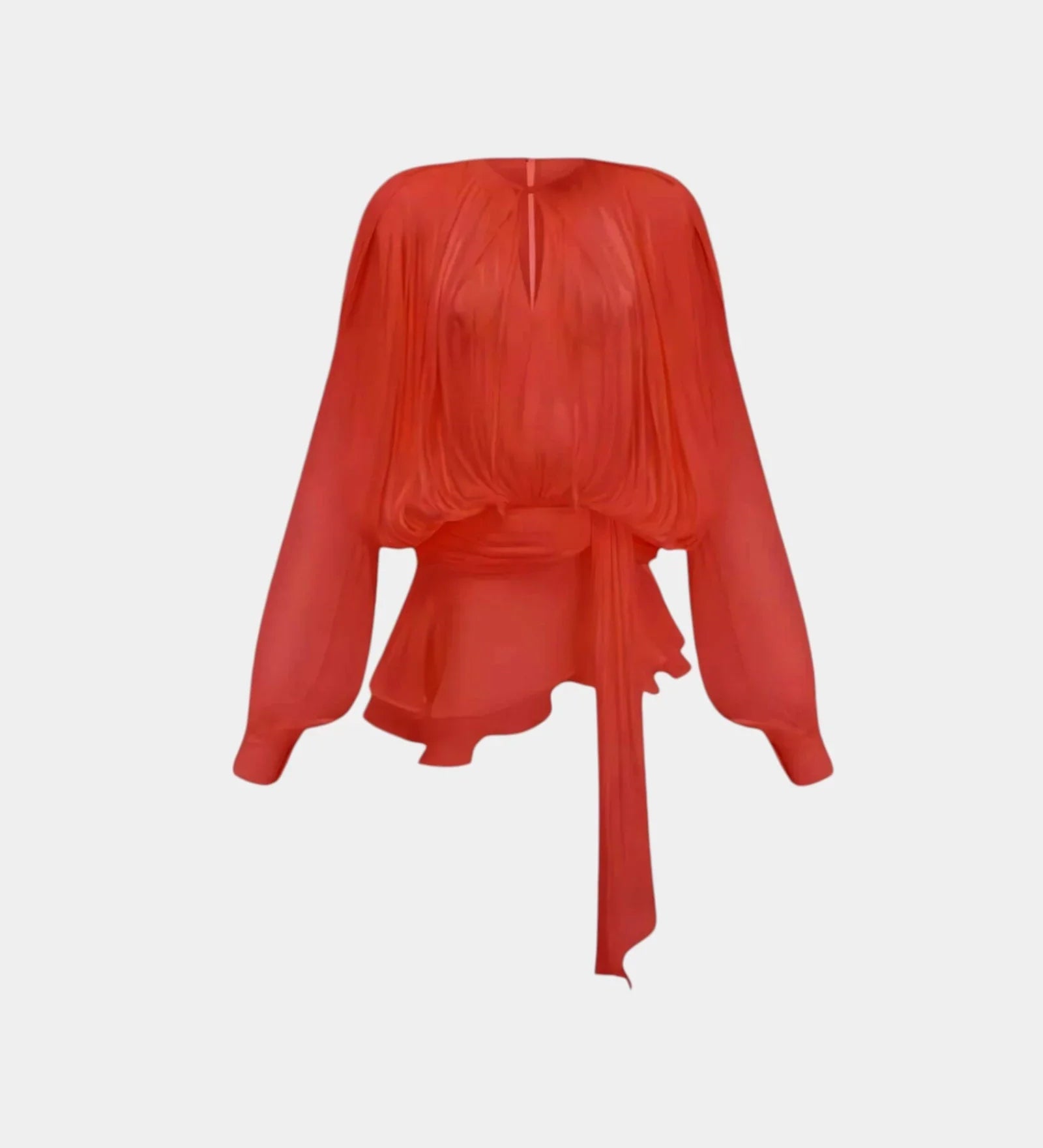 Monique Delicate Radiance red mini dress, sheer long sleeves, draped waist tie