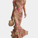Pink vintage floral long dress with ruched bodice and short puff sleeves