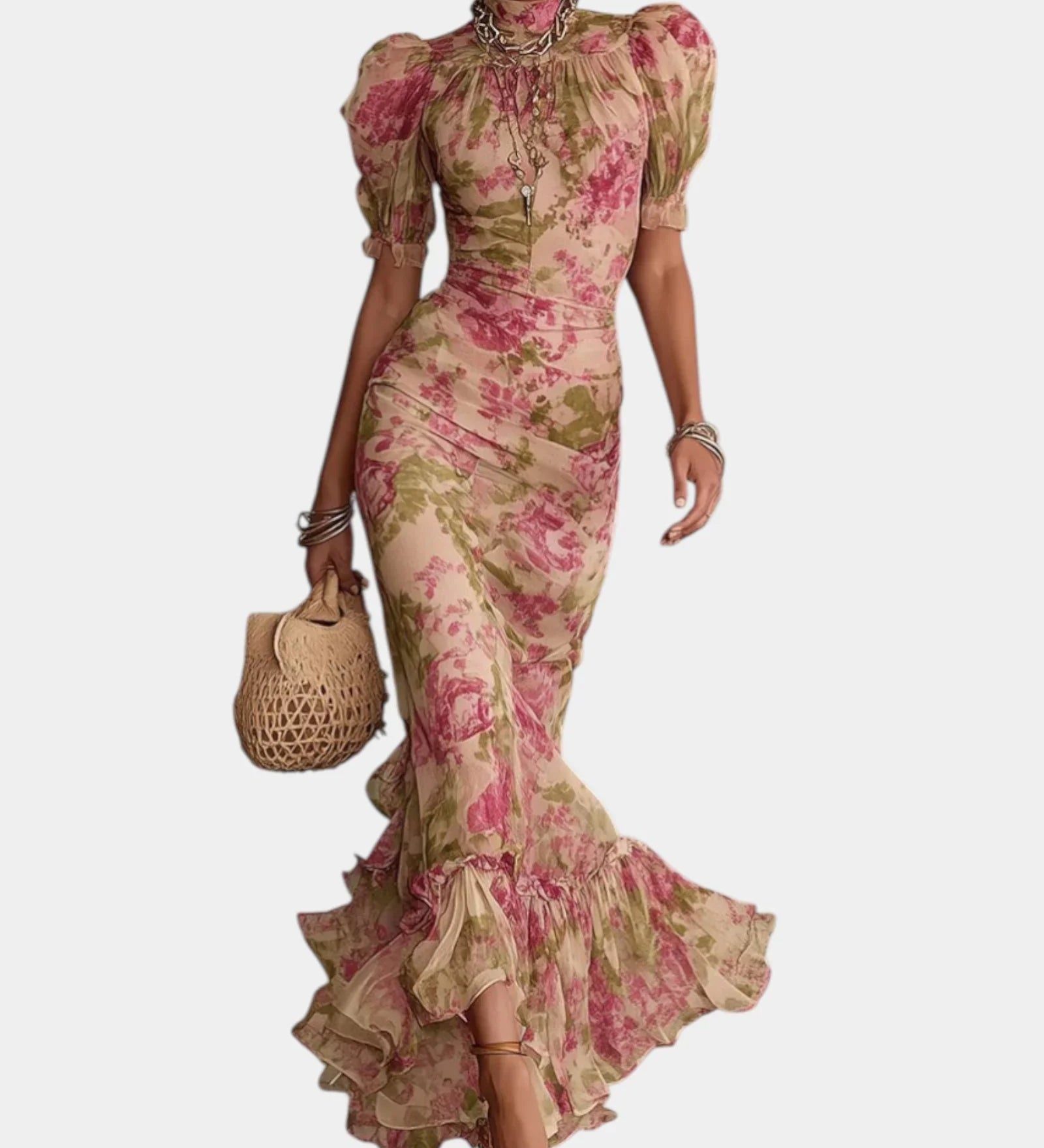 Pink vintage floral long dress with ruched bodice and short puff sleeves