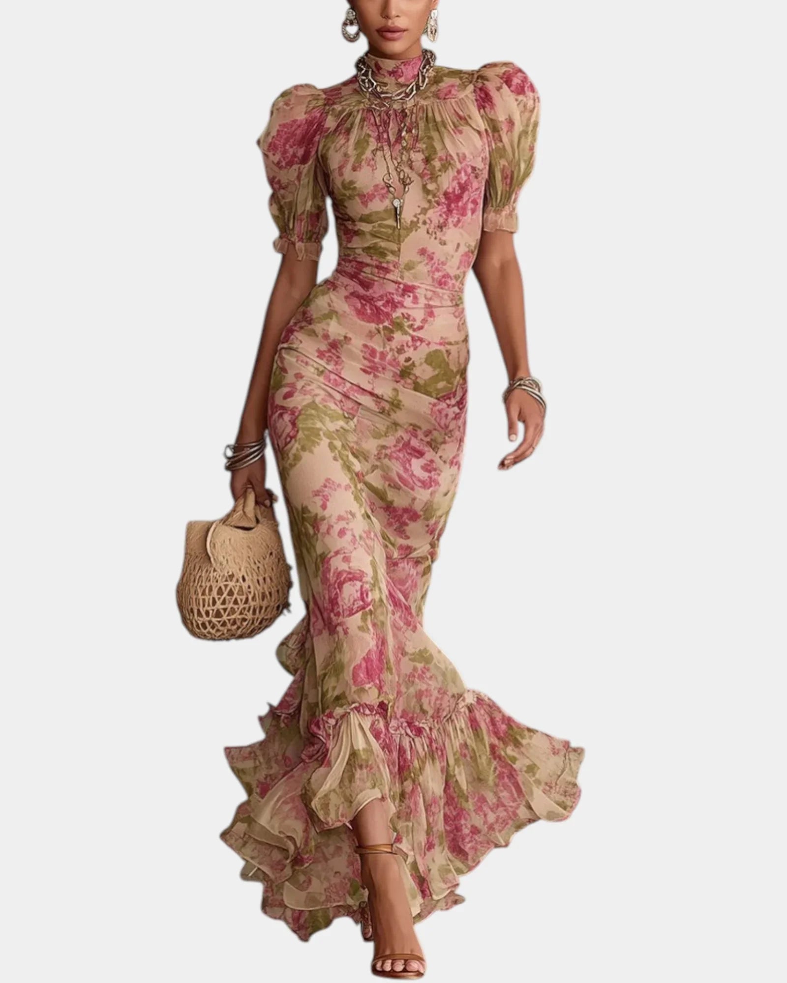 Pink vintage floral long dress with ruched bodice and short puff sleeves