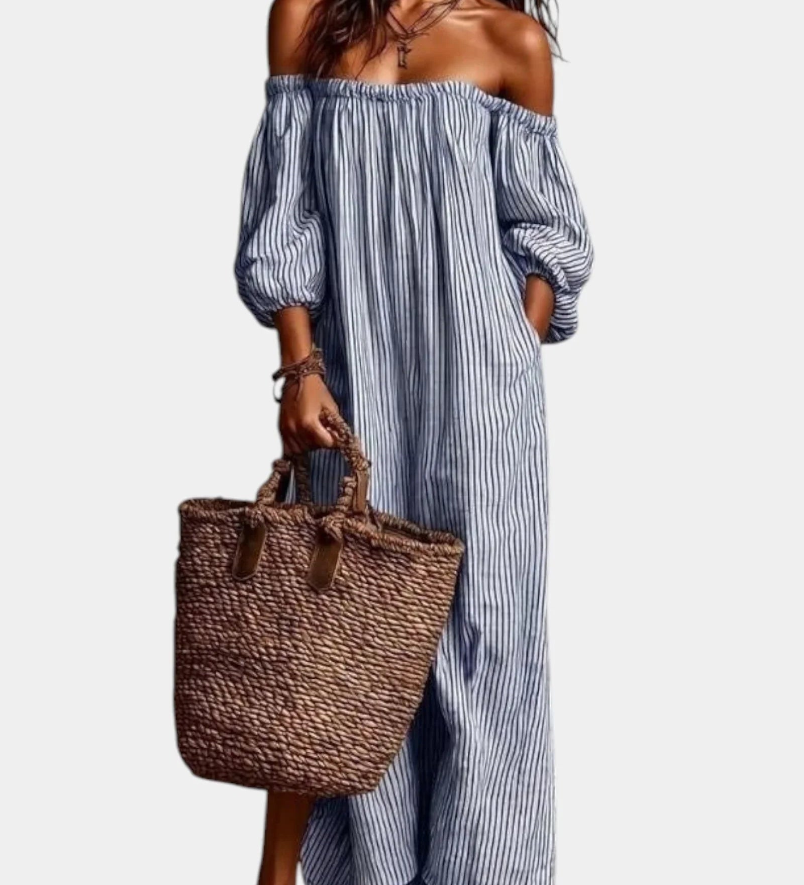 Blue off-shoulder maxi dress with vertical stripes, gathered bodice and balloon sleeves.
