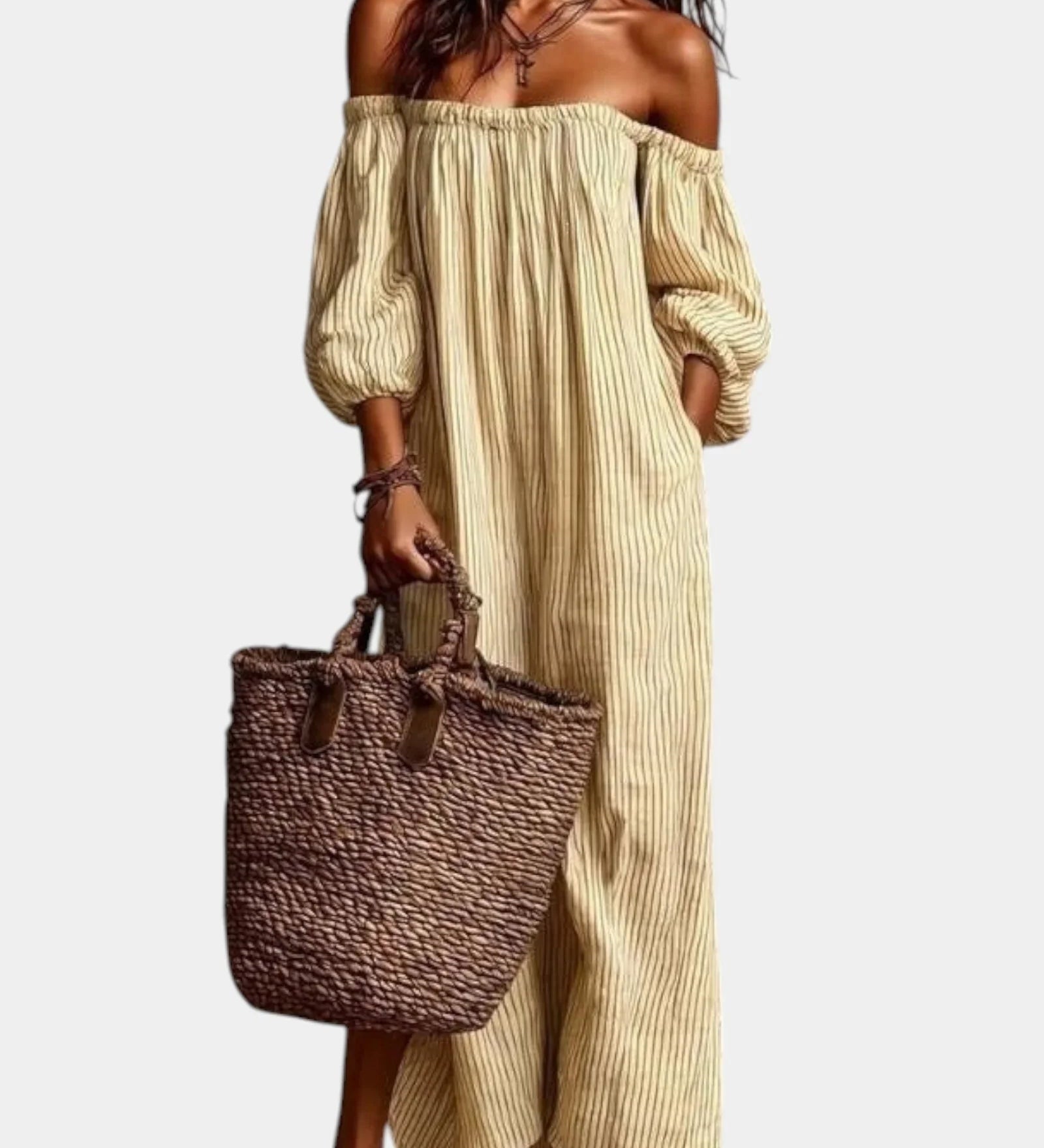 Yellow off-shoulder striped maxi dress with gathered neckline and long balloon sleeves.