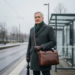 Caramel leather briefcase on shoulder with front emblem and zip pocket.