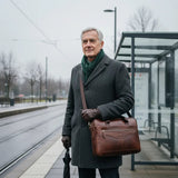 Caramel leather briefcase on shoulder with front emblem and zip pocket.