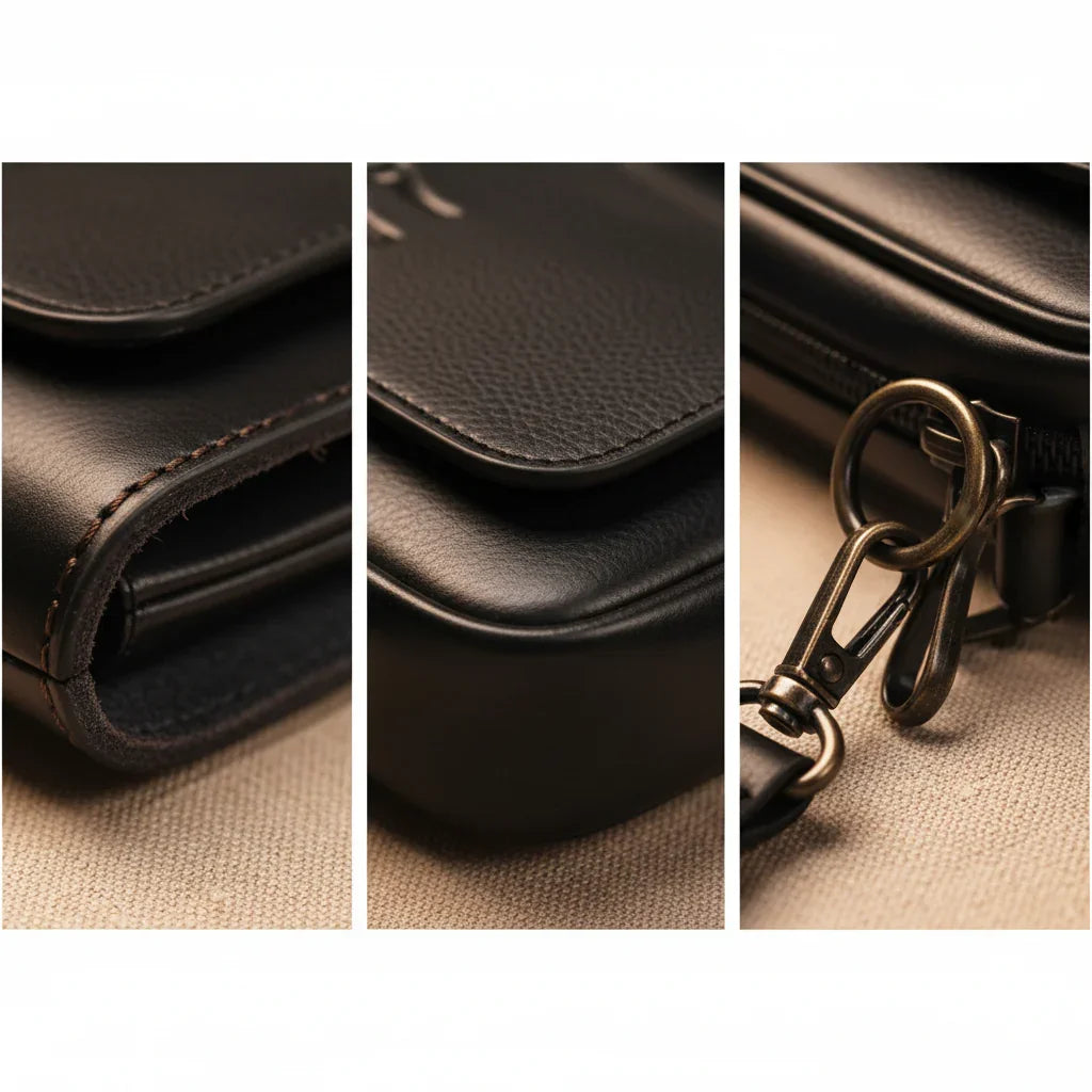Leather shoulder bag close-up: stitched edges and metal keyring hardware