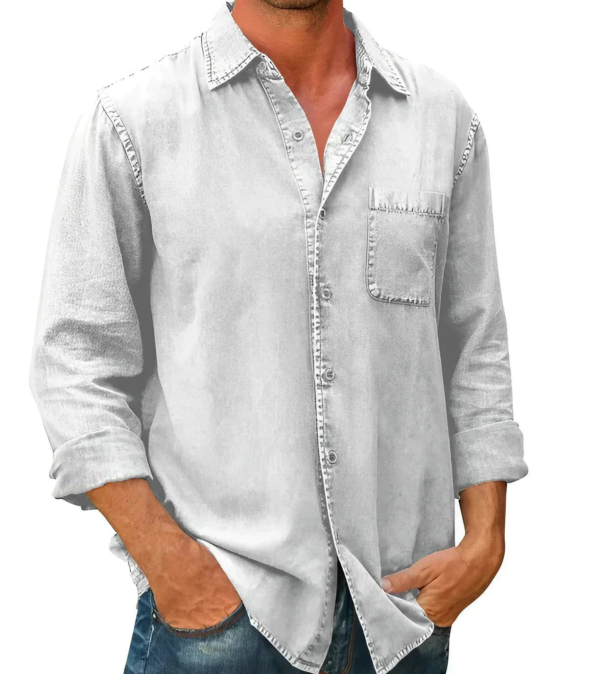 White long-sleeve button-up shirt with chest pocket and classic collar