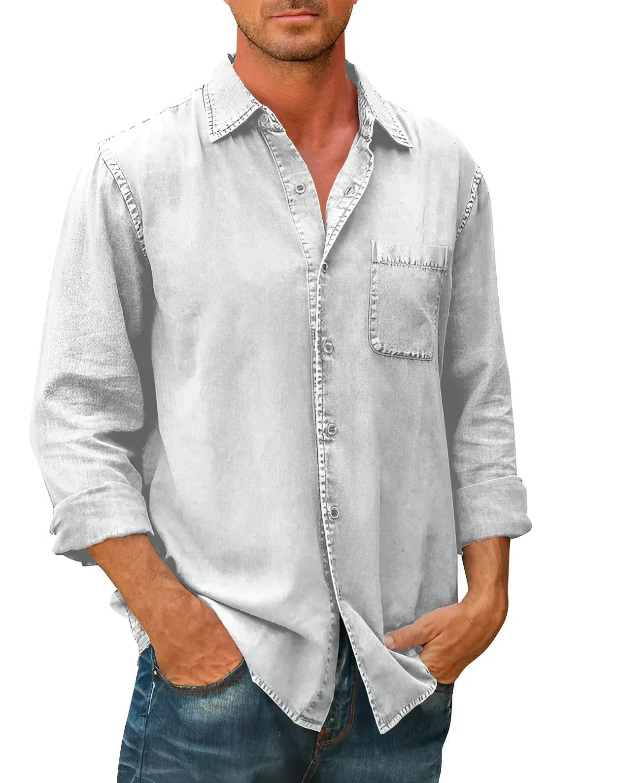 White long-sleeve button-up shirt with chest pocket and classic collar