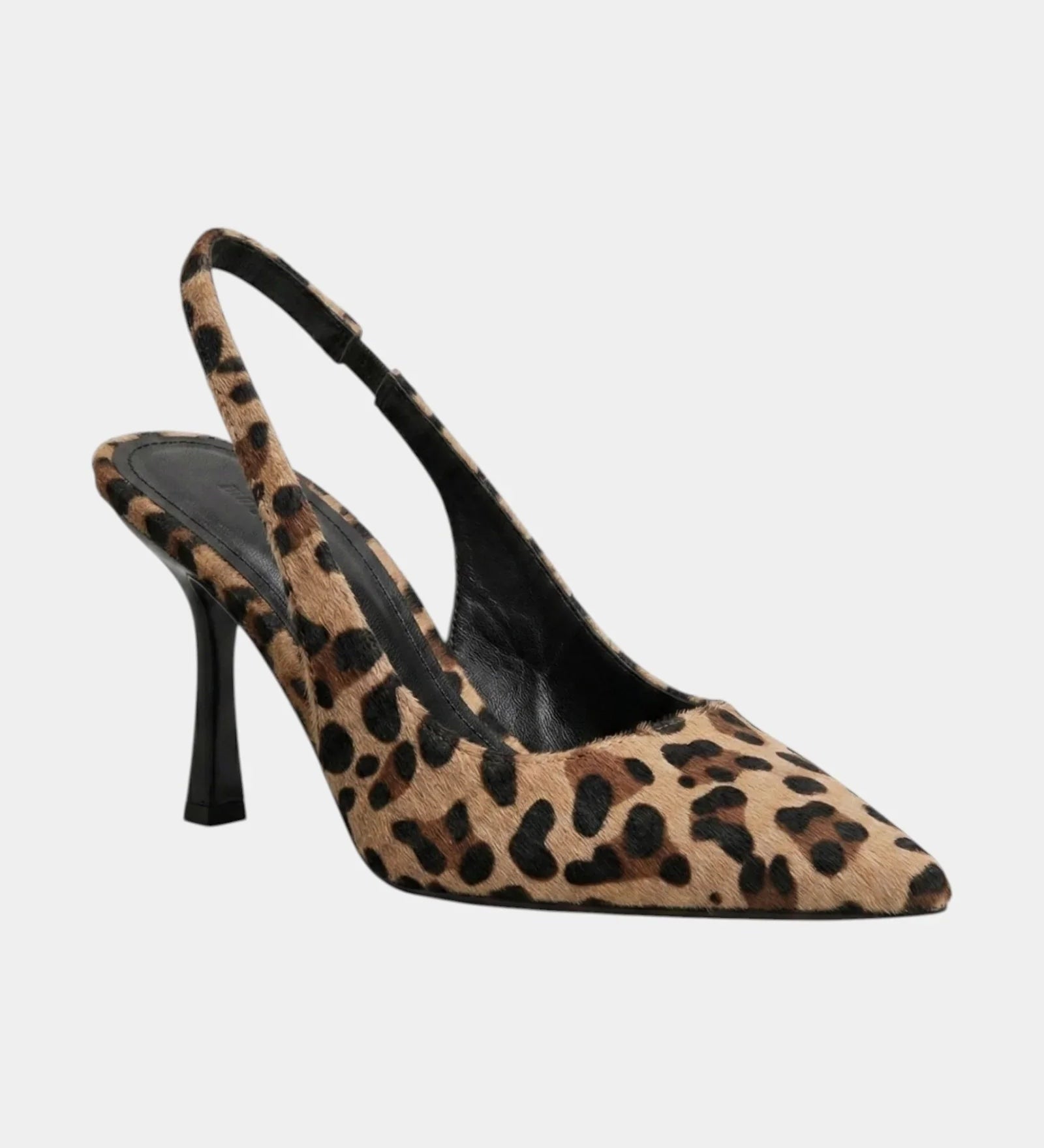 Leopard-print high-heel slingback with pointed toe and slim black heel