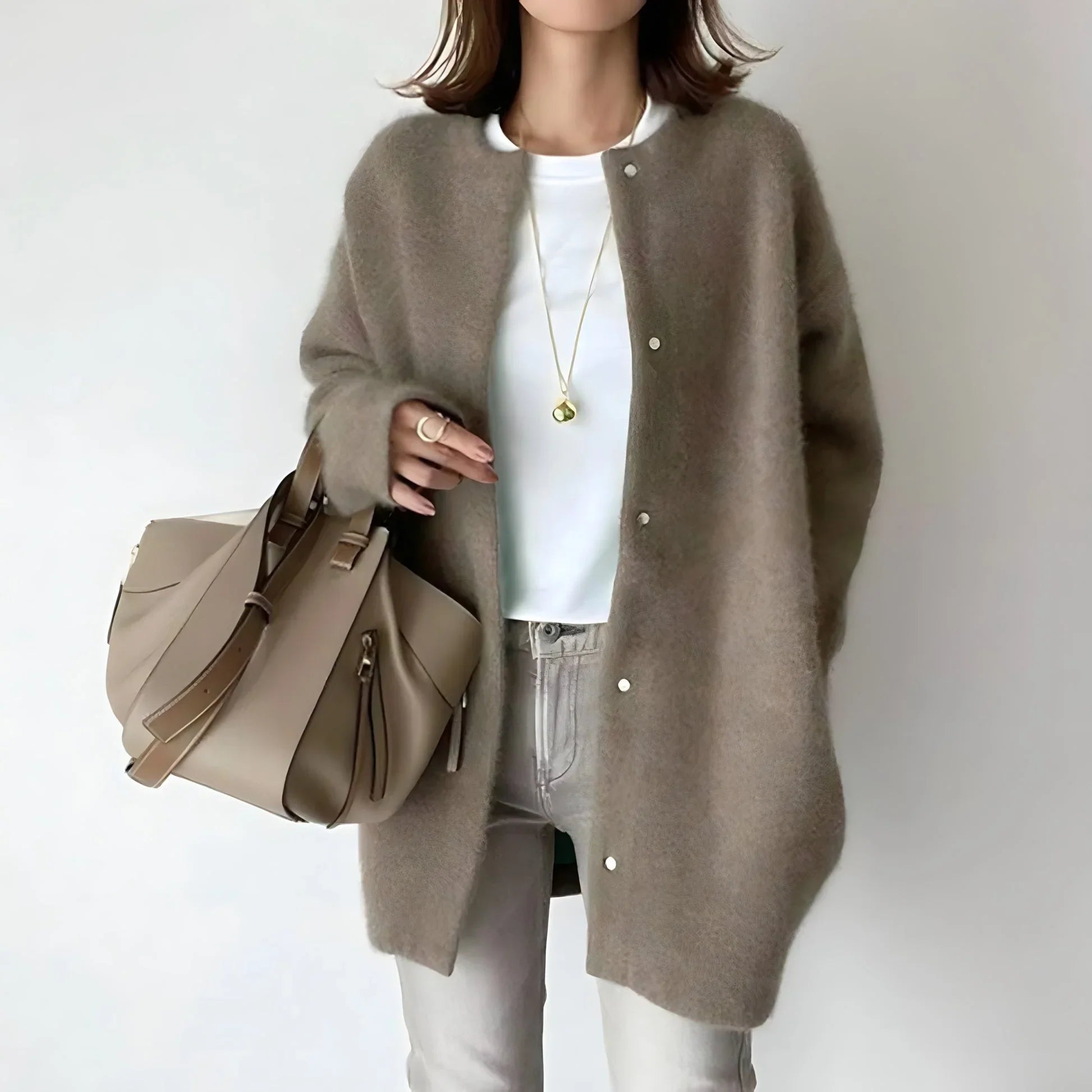 Taupe button-front cardigan with long sleeves, round neck, and partial button closure.
