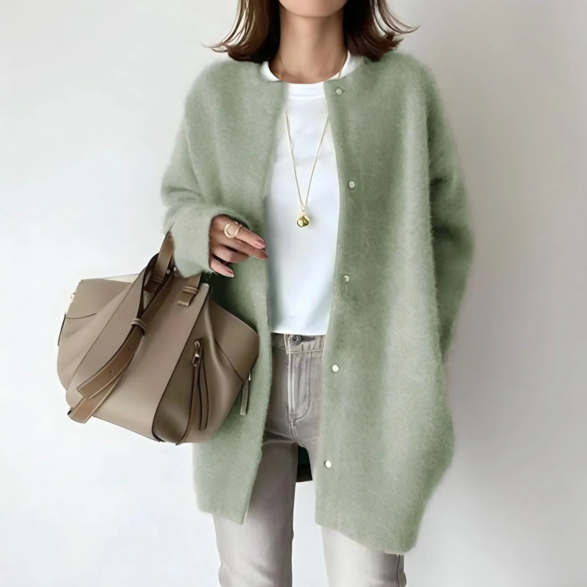 Sage green button-front cardigan with long sleeves and round neckline, draped fit.