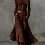 Brown vintage long sleeve maxi dress with button front, plaid patchwork, wide belt