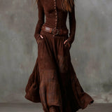 Brown vintage long sleeve maxi dress with button front, plaid patchwork, wide belt