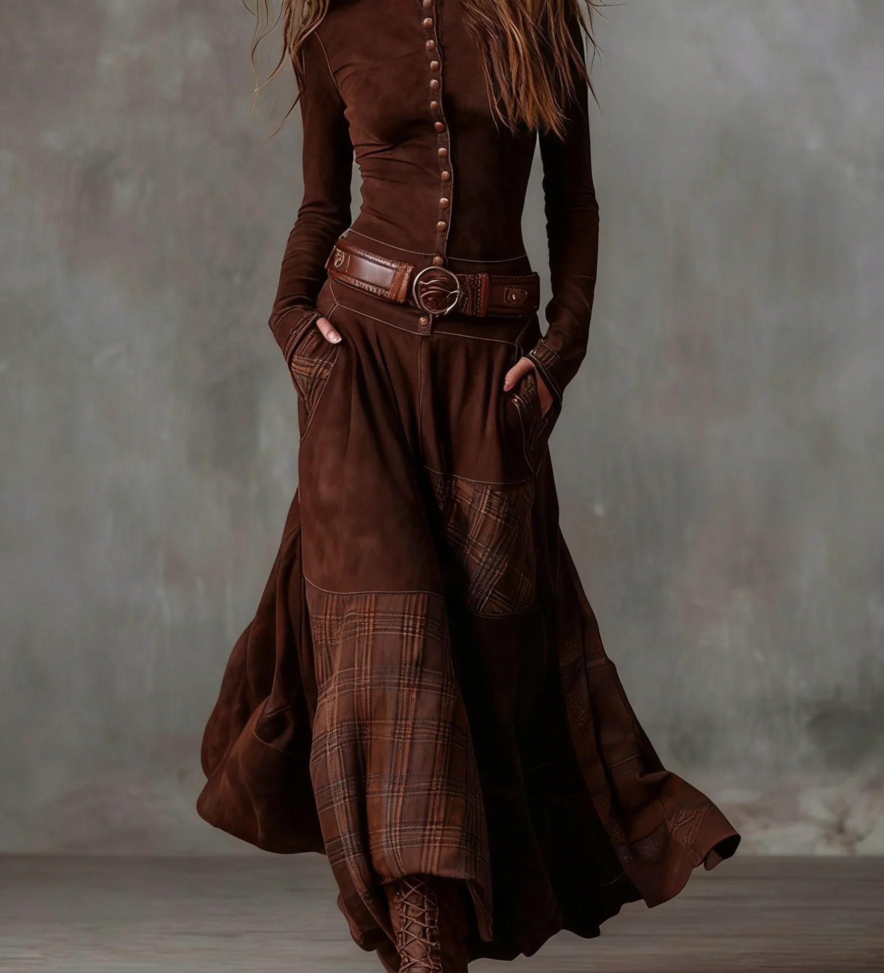 Brown vintage long sleeve maxi dress with button front, plaid patchwork, wide belt