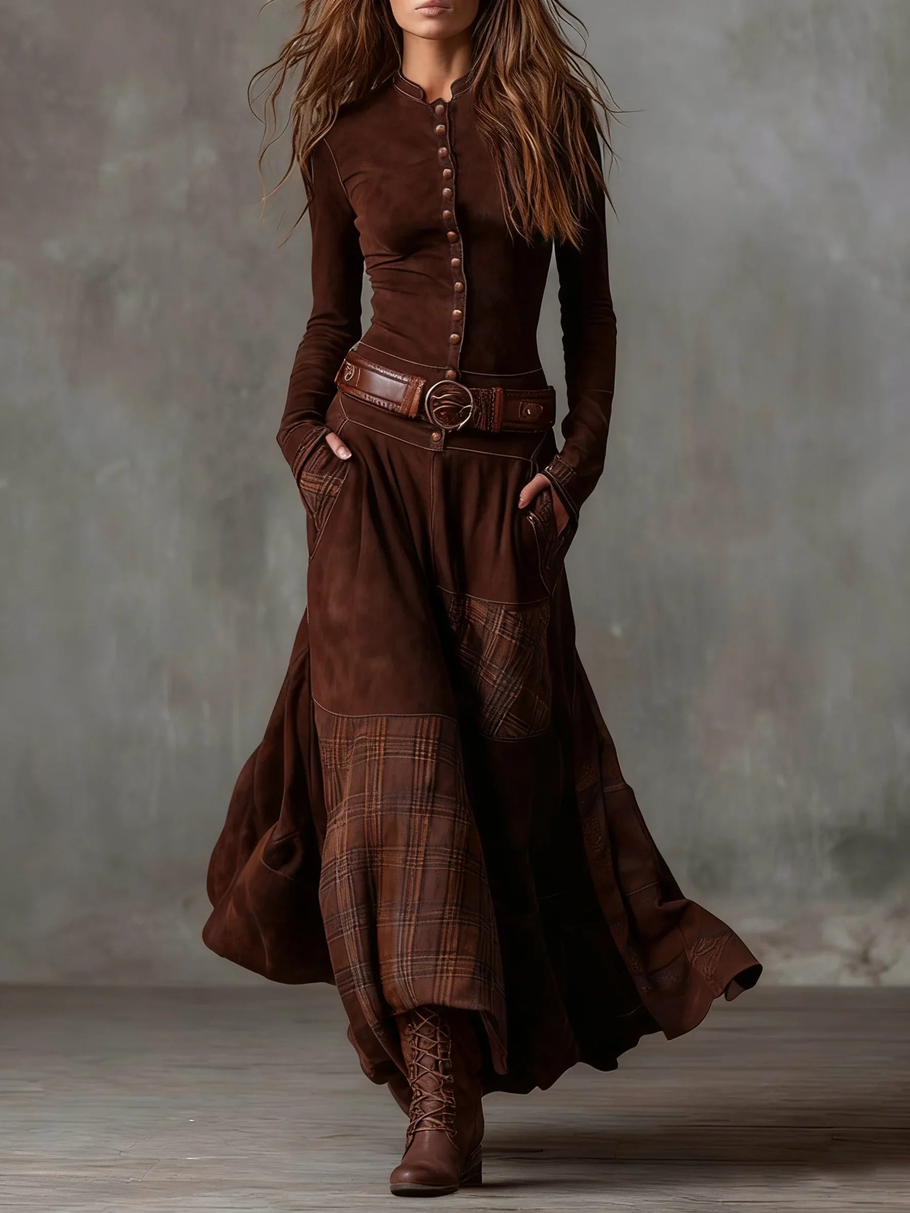 Brown vintage long sleeve maxi dress with button front, plaid patchwork, wide belt