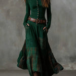 Green vintage long sleeve maxi dress with button front, plaid panel skirt, wide belt