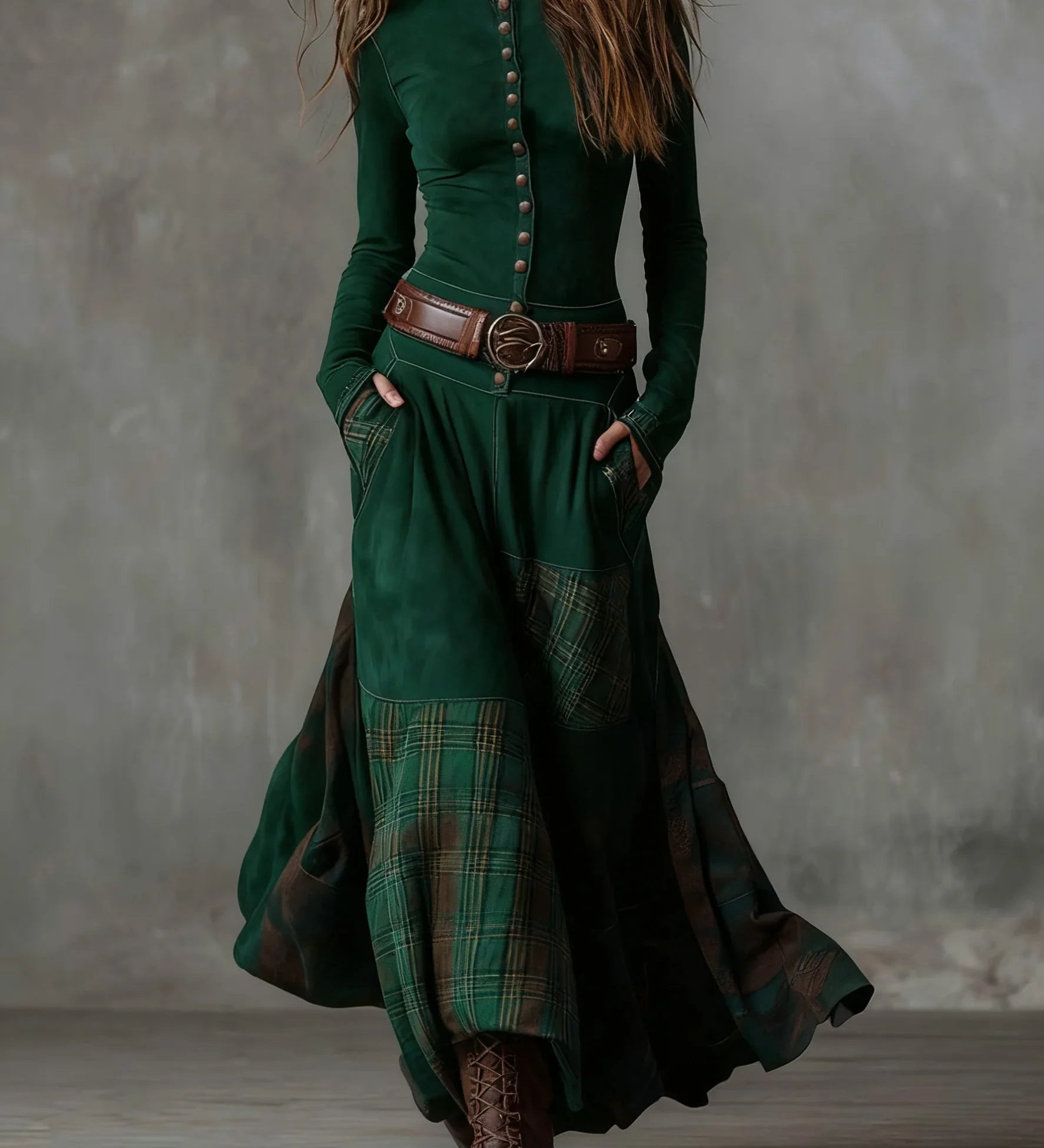 Green vintage long sleeve maxi dress with button front, plaid panel skirt, wide belt