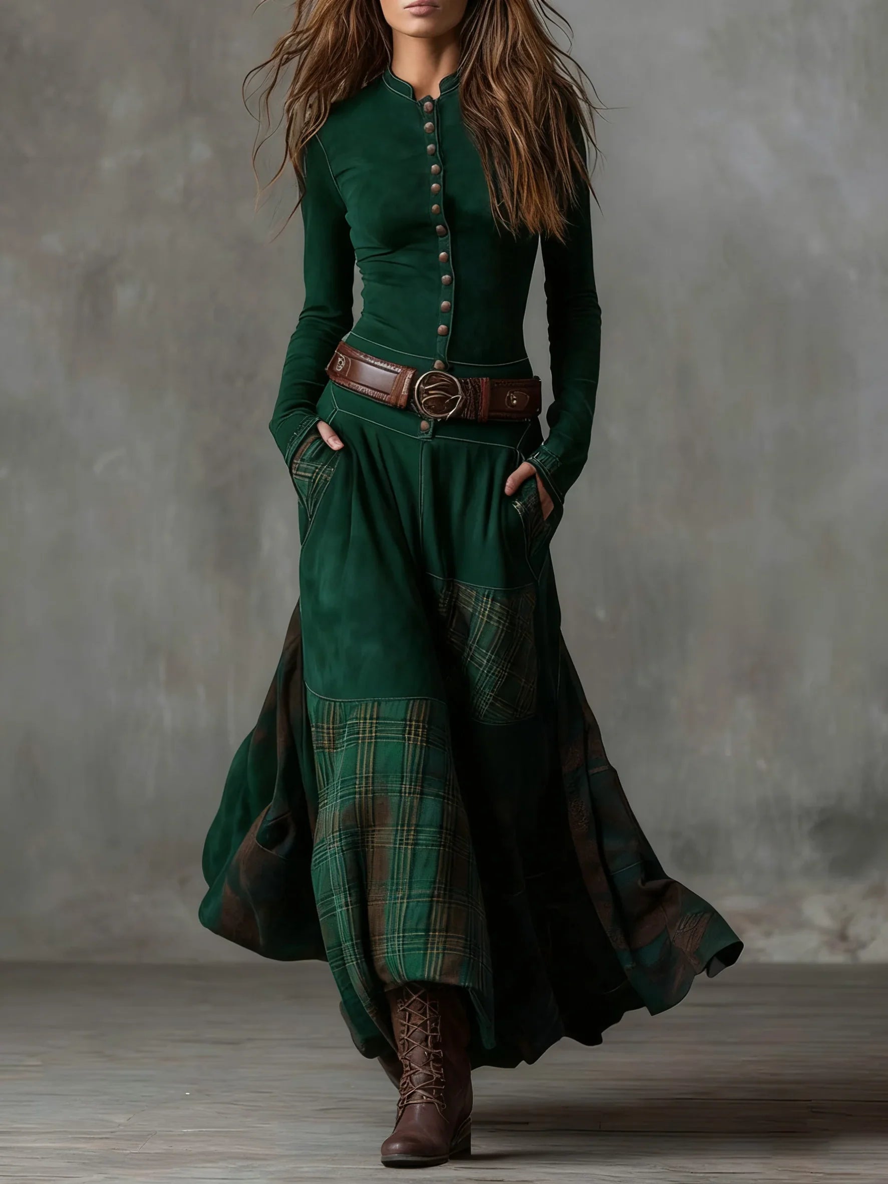 Green vintage long sleeve maxi dress with button front, plaid panel skirt, wide belt