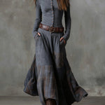 Gray vintage long sleeve maxi dress with button front, plaid patchwork, wide belt