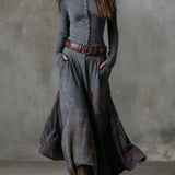 Gray vintage long sleeve maxi dress with button front, plaid patchwork, wide belt