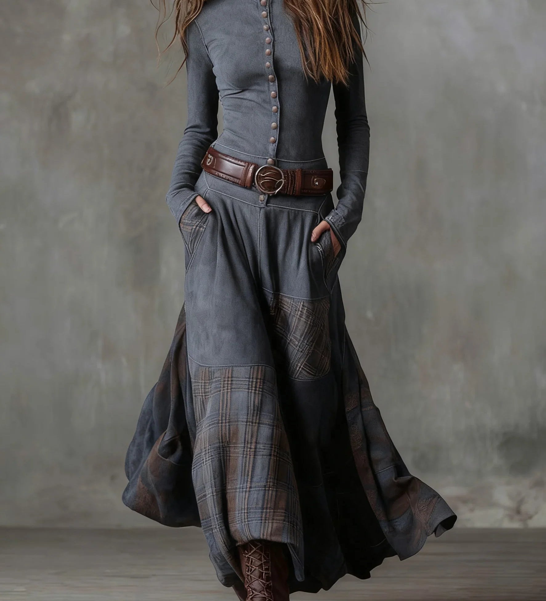 Gray vintage long sleeve maxi dress with button front, plaid patchwork, wide belt