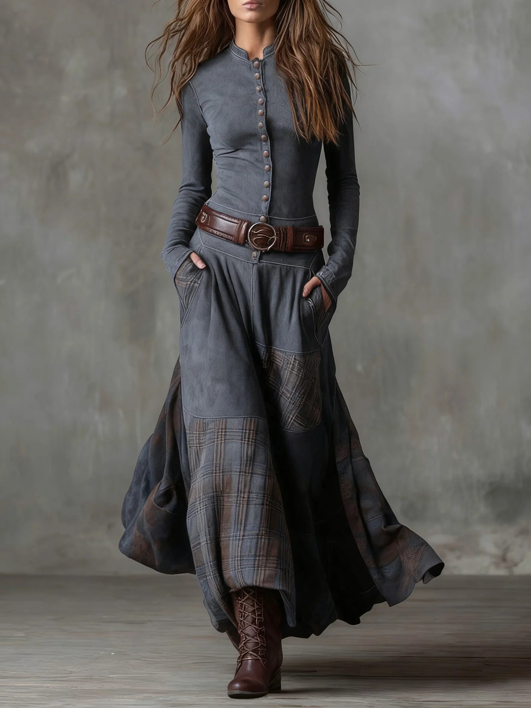 Gray vintage long sleeve maxi dress with button front, plaid patchwork, wide belt